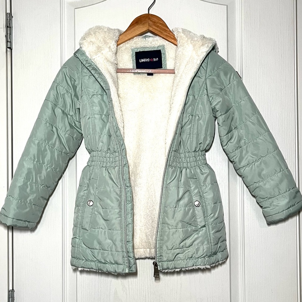 Limited Too Mint Green Puffer Jacket with Faux Fur-Lined, Size 7-8